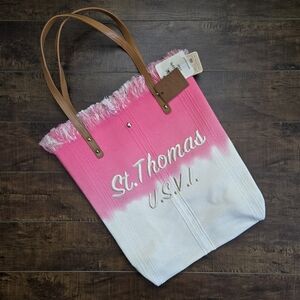 St. Thomas U.SV.I. Fringed Beach Tote Bag Pink Cream  NWT